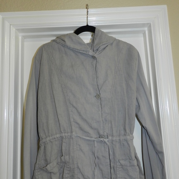 Flax Linen Button Front Hooded Jacket Drawstring Waist - Picture 6 of 12